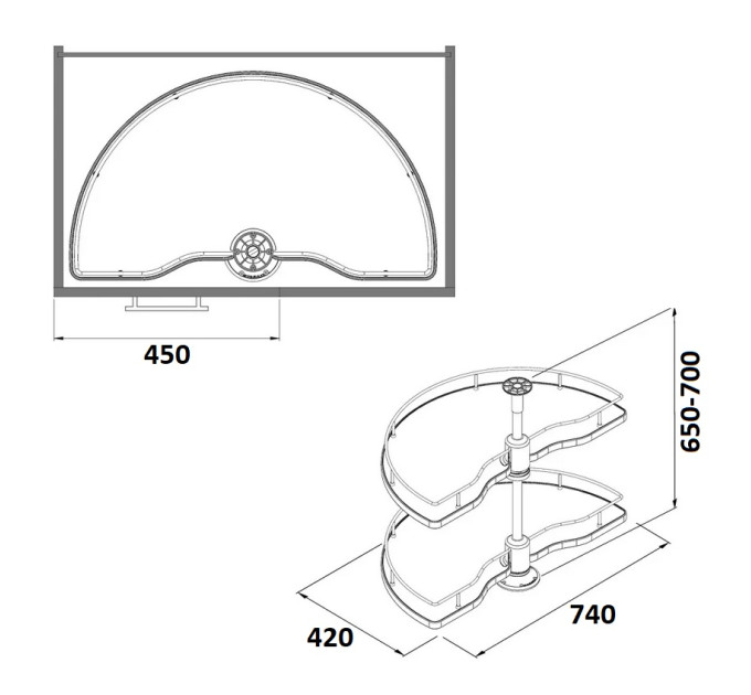 Карусель 1/2, секция 450мм D=740 дно ДСП, хром S-3012-C