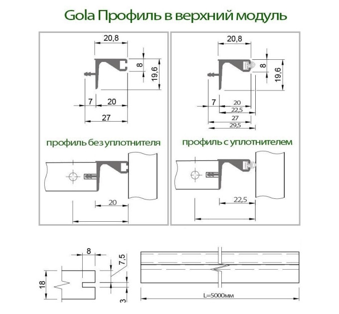 Профиль в верх. модуль с уплот. для фасад. без ручек, черный Bruch Gola КНР