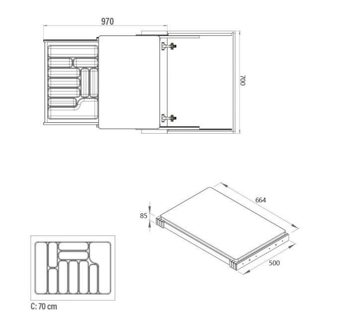 Механізм для висувної стільниці з лотком 700мм, білий S-2157-W