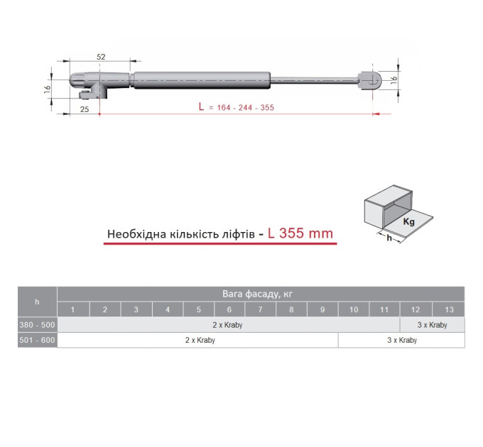 Газовый лифт KRABY L=355 открывание вниз